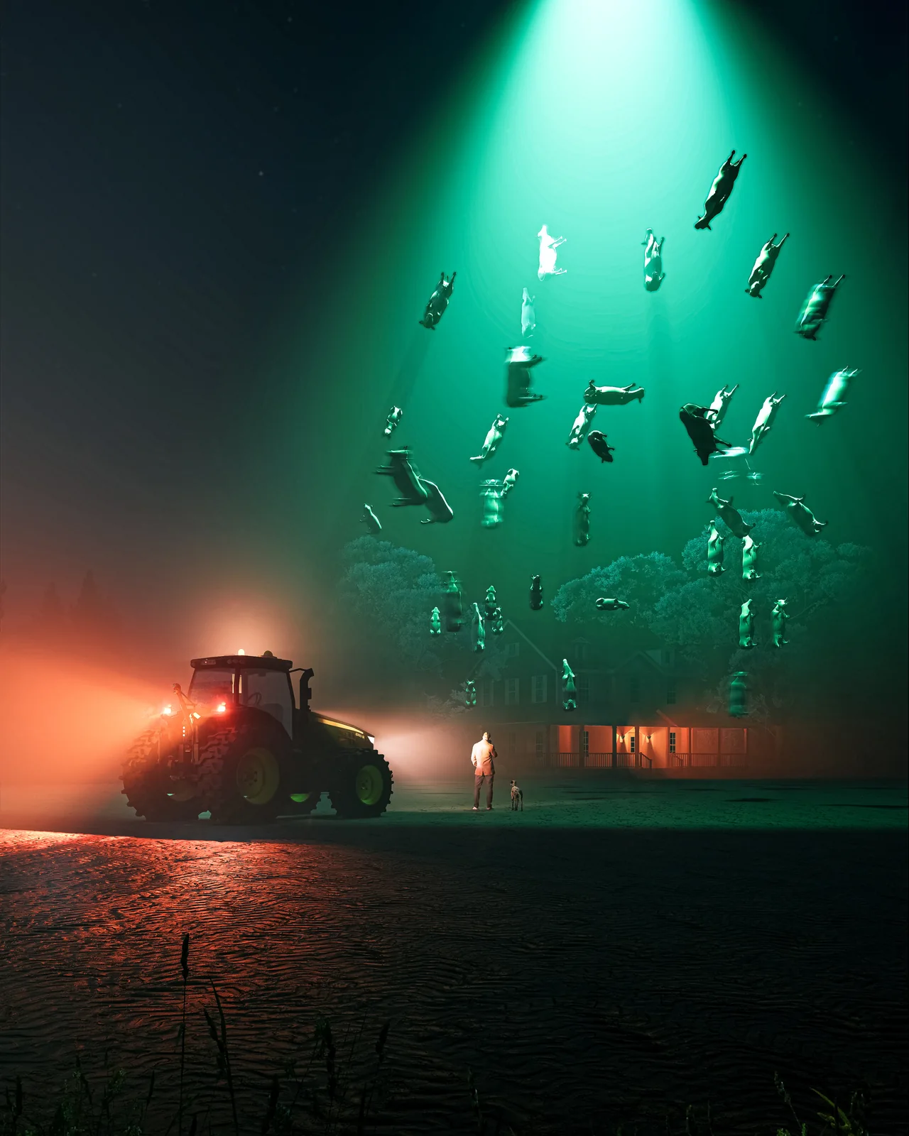 Cattle float in a beam of green light above a lone figure and motorcycle.