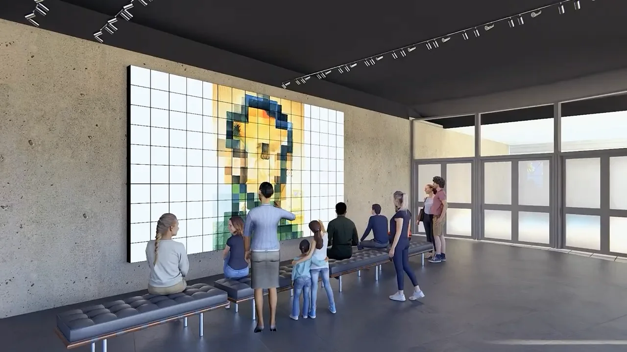 A rendered group gathers at a long table beside a pixelated portrait installation.