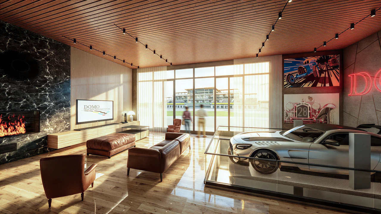 A concept interior places a sports car beside lounge seating and full-height windows.