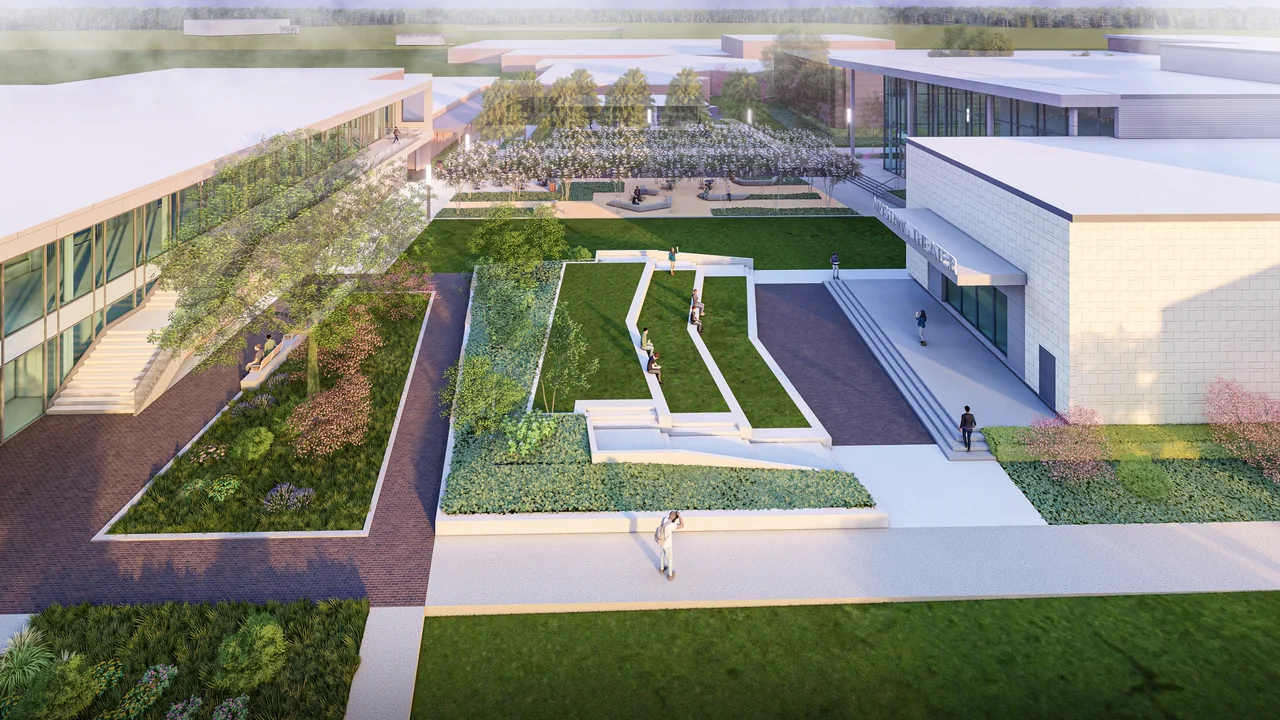 Aerial rendering of the proposed landscaped courtyard between school buildings.