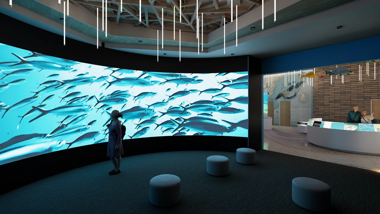 A curved underwater media wall faces visitors in a darkened rendered gallery.