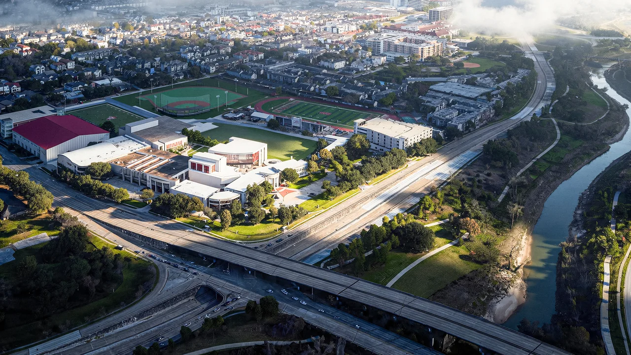 Aerial visualization of the proposed campus additions within the surrounding city.