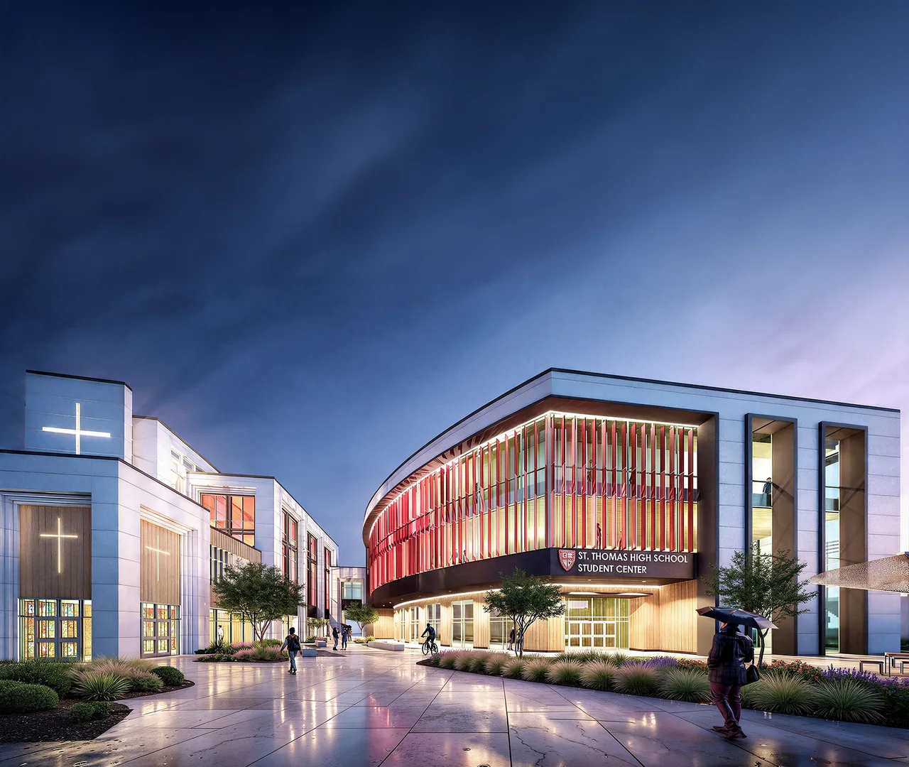 Nighttime concept rendering of a glazed student commons beside a campus plaza.