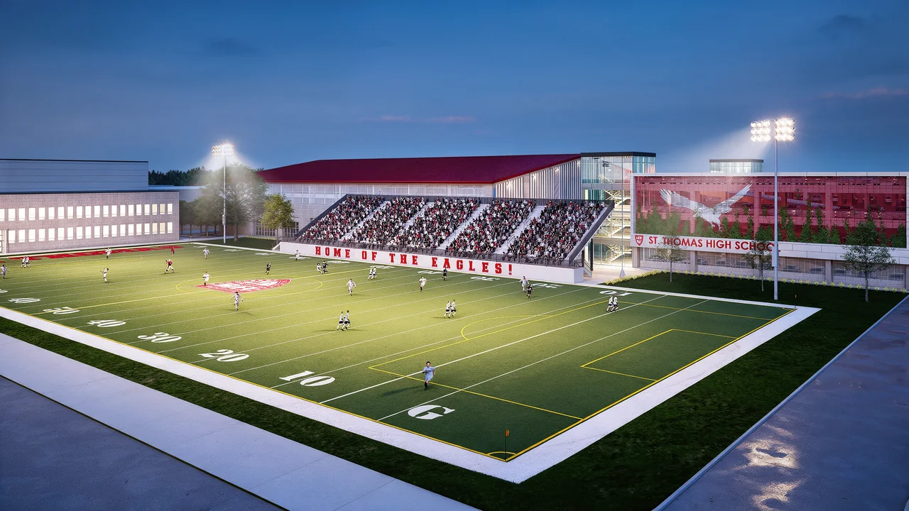 Rendering of a football field and proposed campus facilities at dusk.